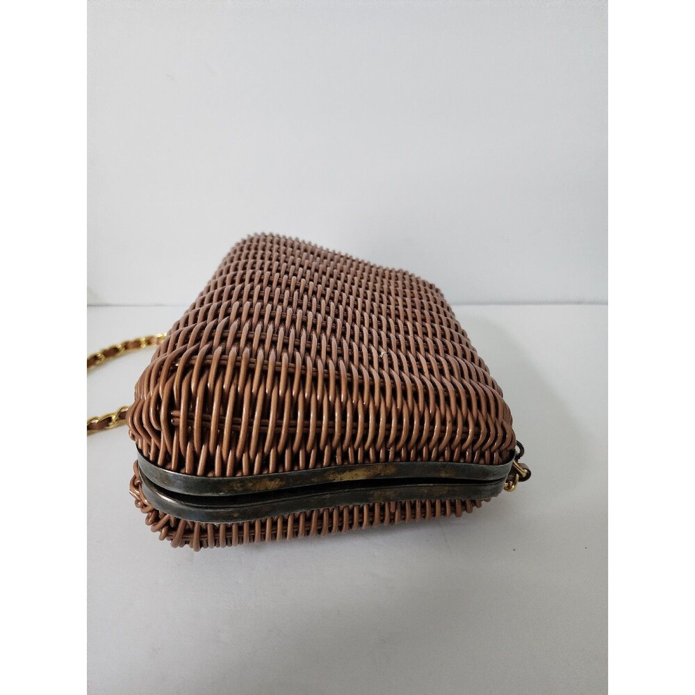 Vintage Tandem Faux Straw Bag Crossbody Purse Chain Strap Brown Gold Retro - Picture 11 of 16